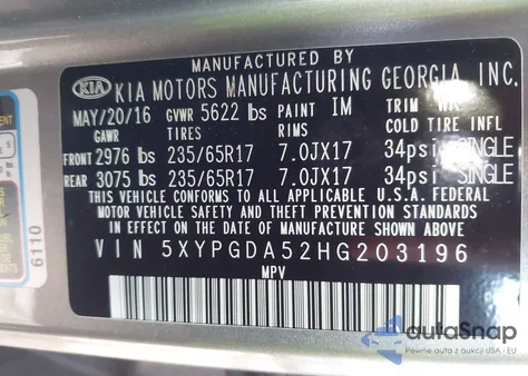 2017 Kia Sorento Lx z USA, uszkodzony, nr VIN 5XYPGDA52HG203196